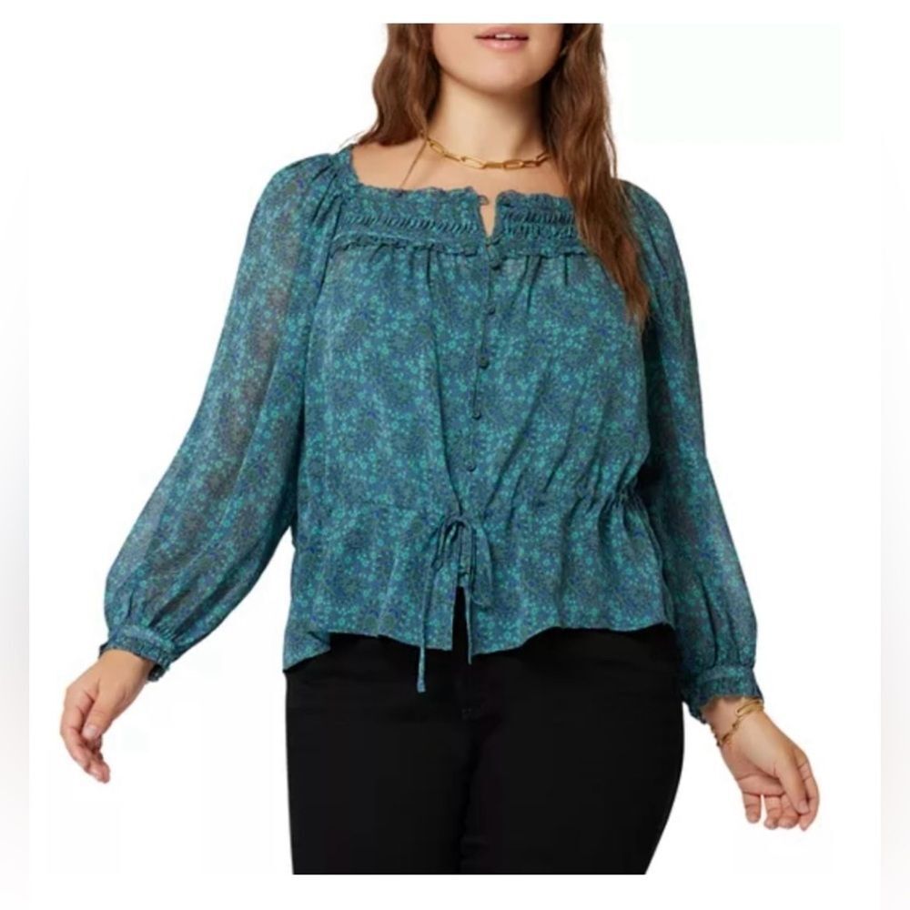 Joie Women's Size 1X Green Blue Pine 100% Silk Asseline Long Sleeve Blouse Top